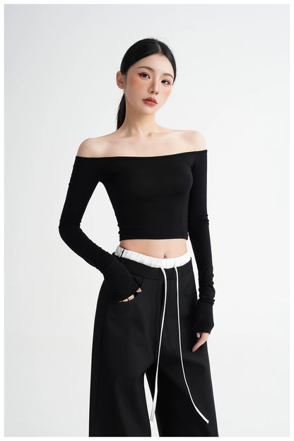 Off-Shoulder Cropped Fitted Long Sleeve T-Shirt