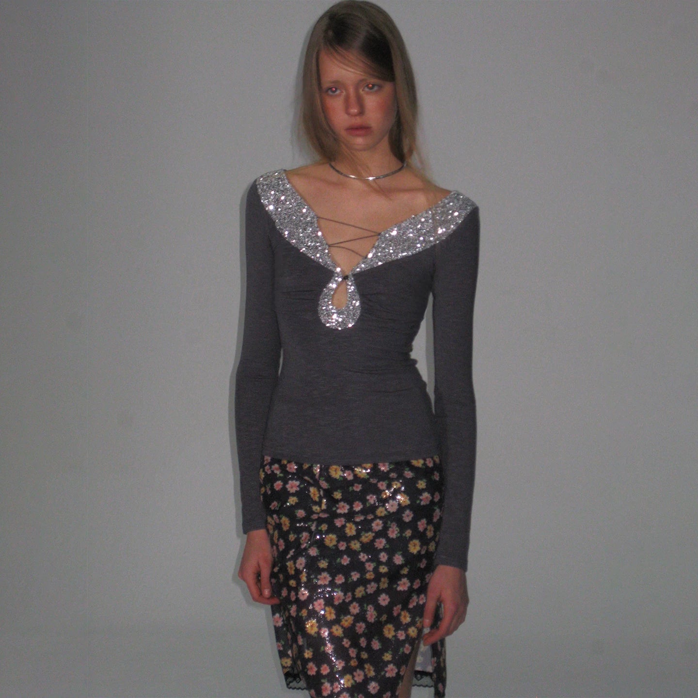 Cut-Out Lace-Up Slim Fit Long Sleeve Top