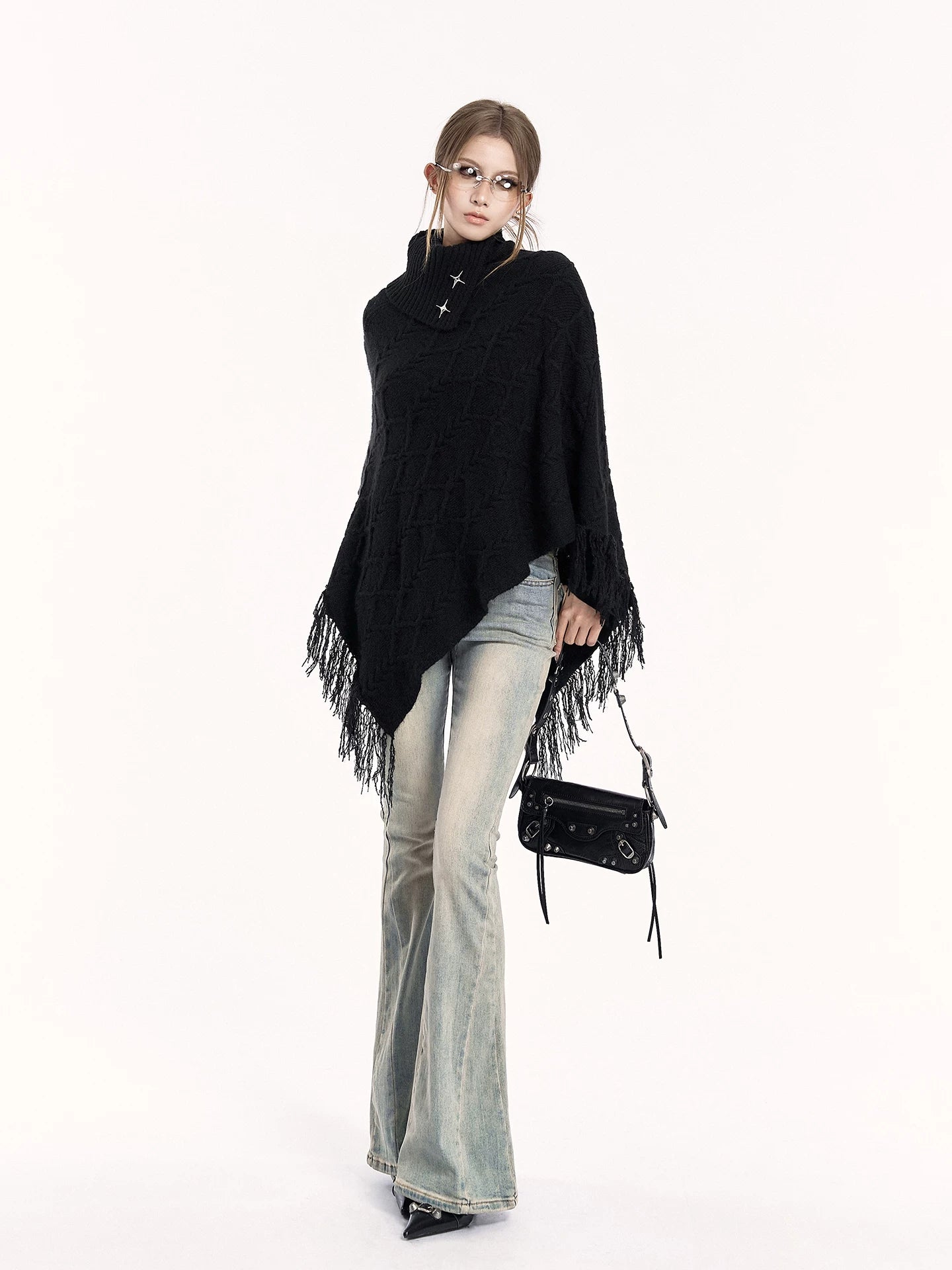 Asymmetric Knit Cape Turtleneck Sweater