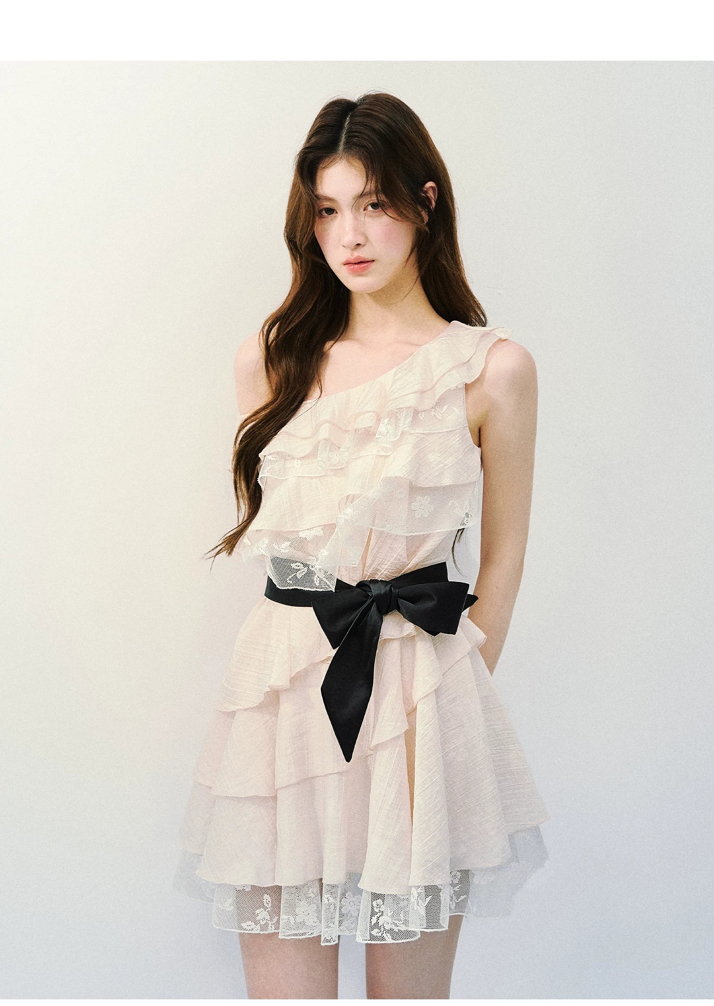 Asymmetric Lace Tiered Ruffle Dress