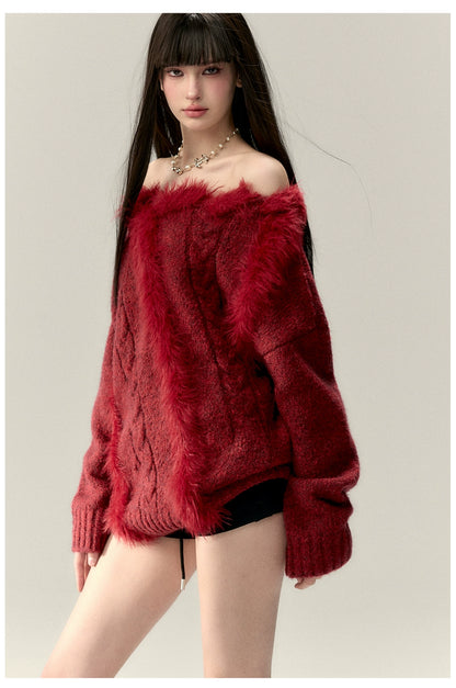 Off-Shoulder Patchwork Cable Knit Sweater