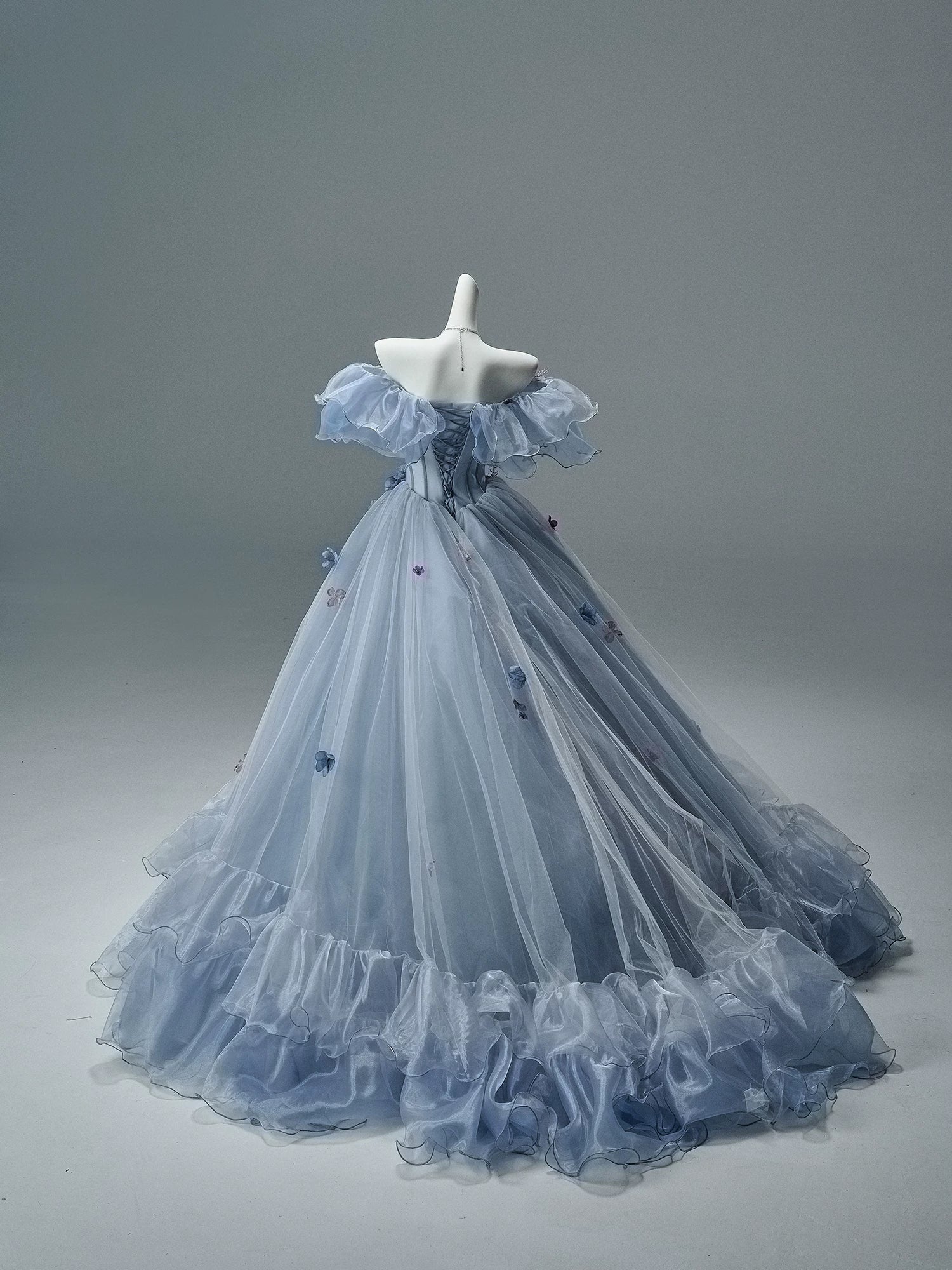 Off-Shoulder Floral Appliqué Tulle Couture Gown