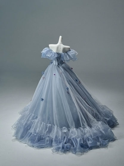 Off-Shoulder Floral Appliqué Tulle Couture Gown