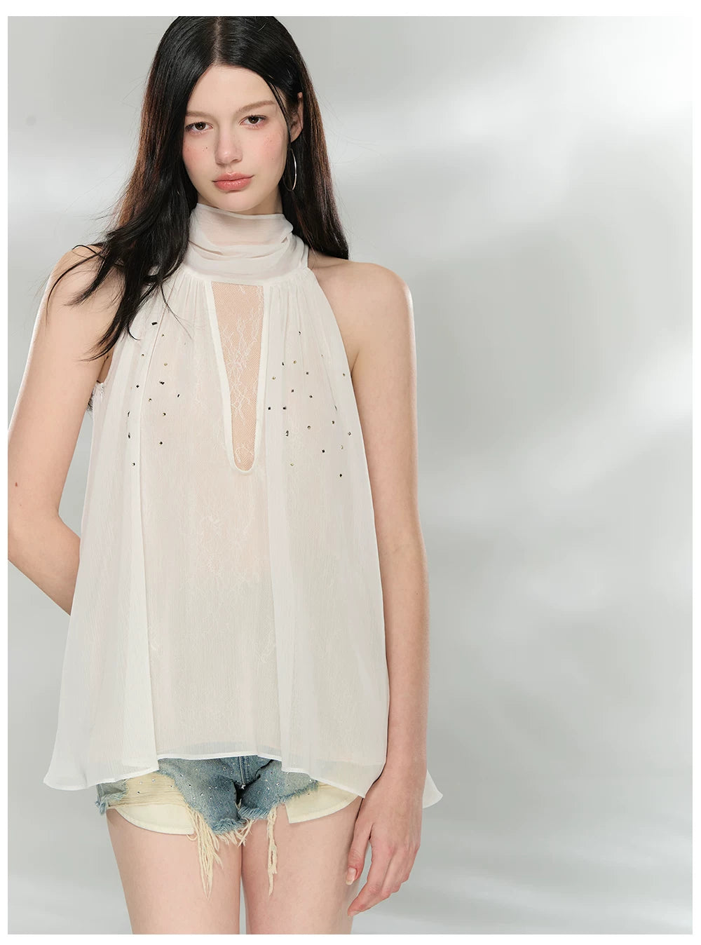 Embellished Sleeveless Chiffon Lace Top