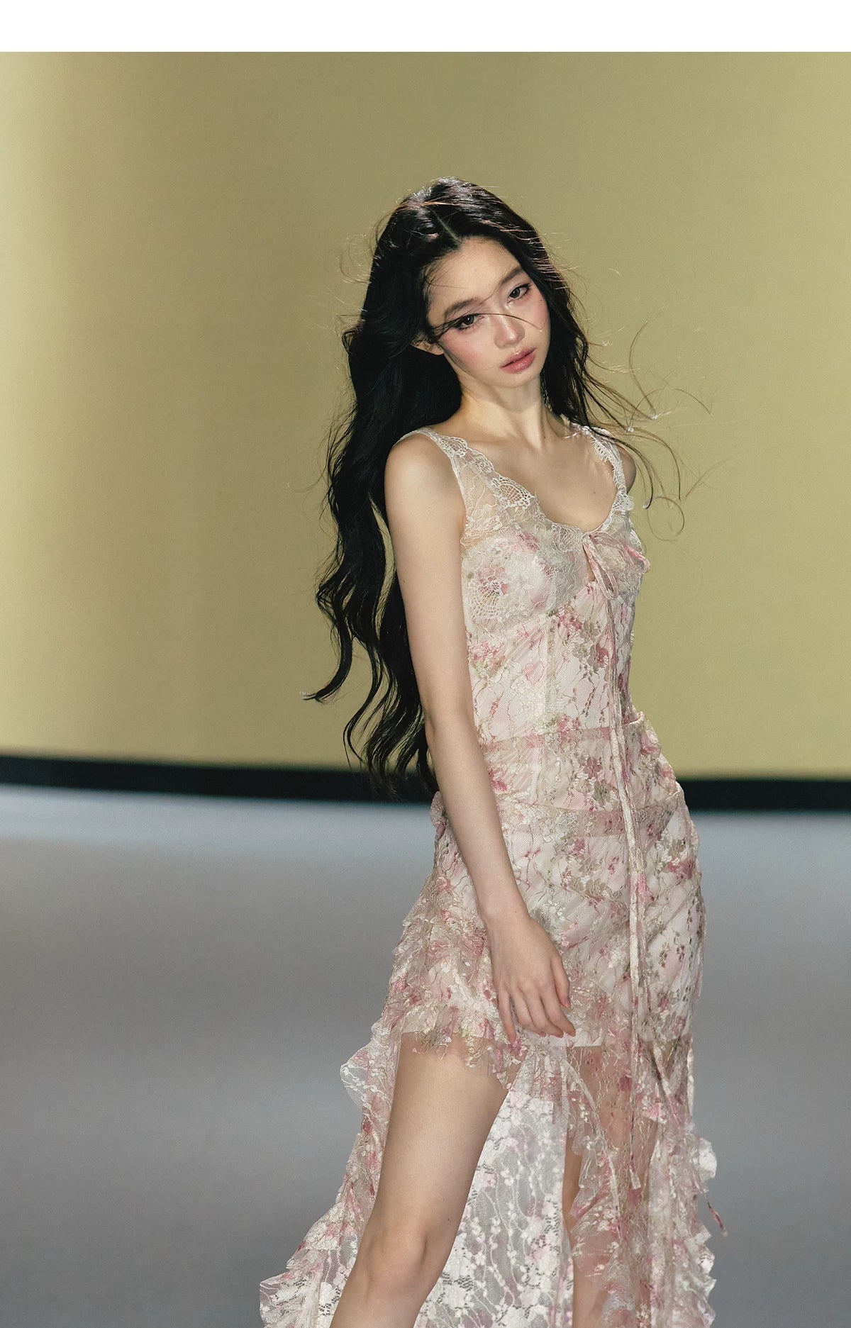 Misty Blush Lace-Panel Slip Maxi Dress