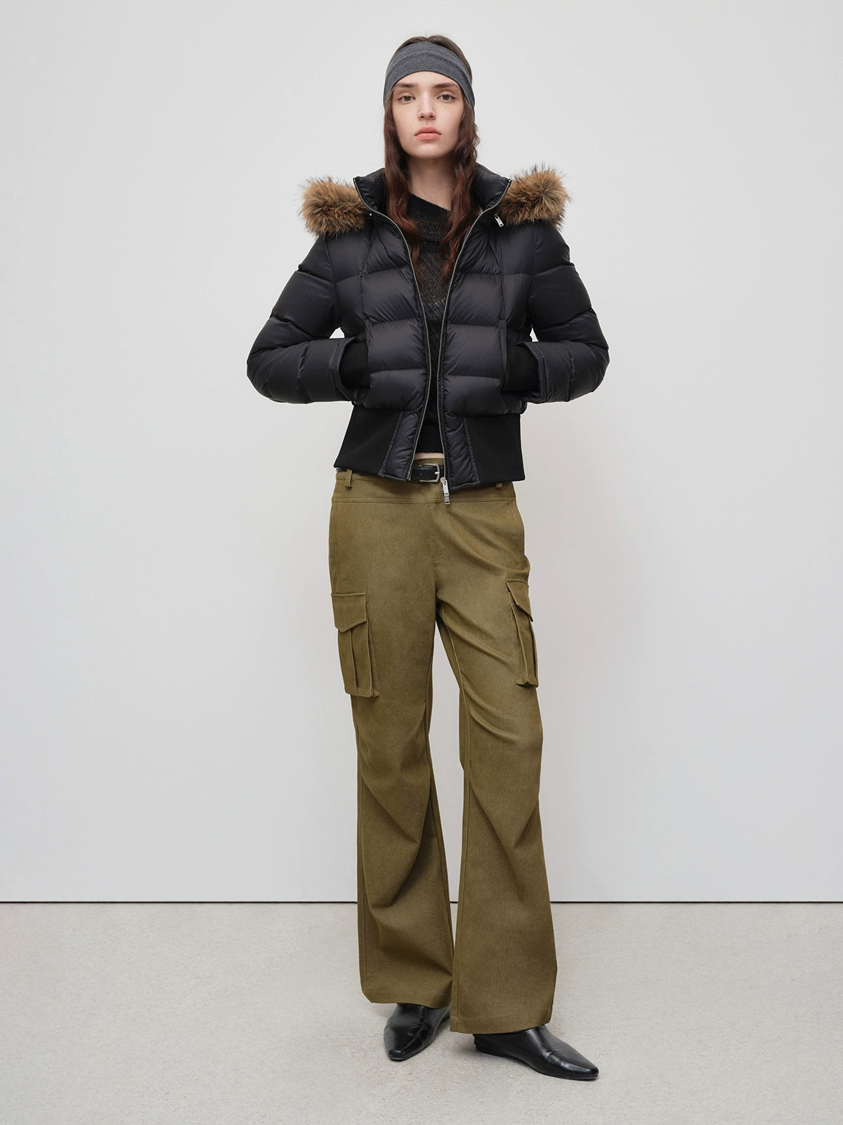 90% White Duck Fur Collar Cropped Down Jacket