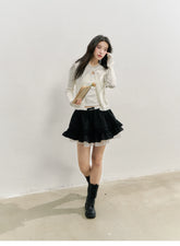 Handmade Rhinestone Collar Rose-Embroidered Knitted Cardigan - CHINASQUAD