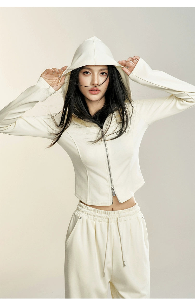 Black &amp; White Hooded Long-sleeve Zip-up Jacket &amp; Pants Set