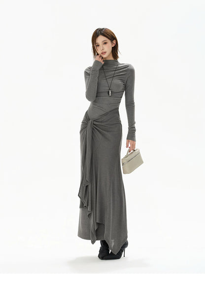 Half-High Neck Tie-Detail Knit Maxi Dress
