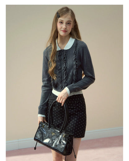 Grey Ruffle Collar Knit Cardigan