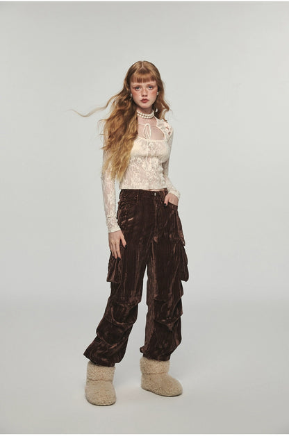 Vintage Velvet Wide Leg Cargo Pants - CHINASQUAD