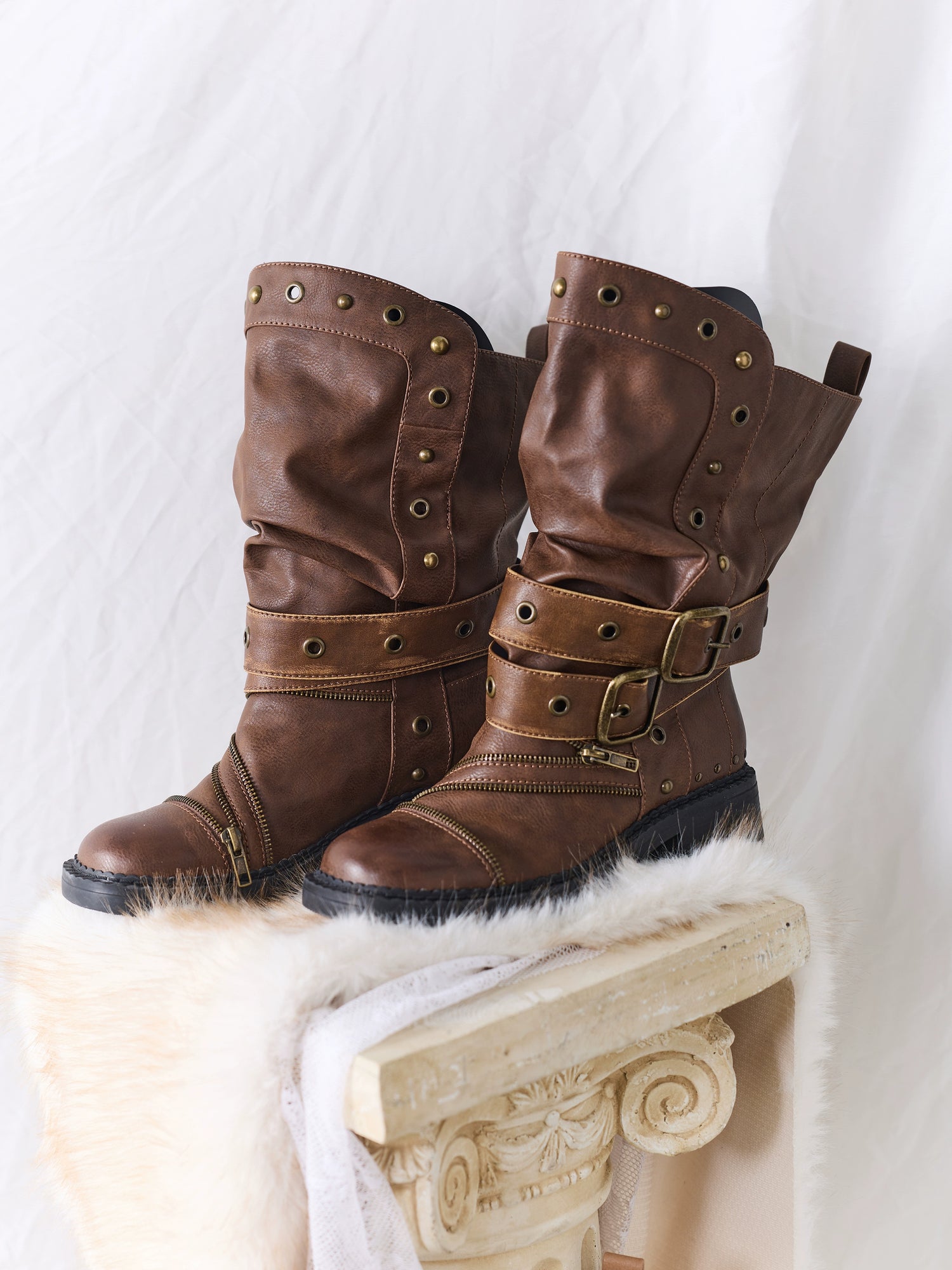 Retro Distressed Rivet Zipper Mid-Calf Boots