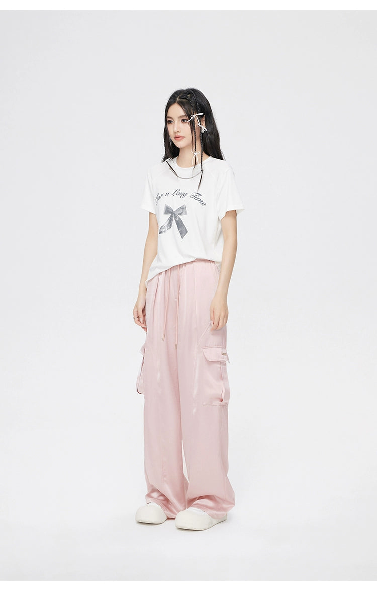 Pink &amp; White Silk Wide-Leg Pants