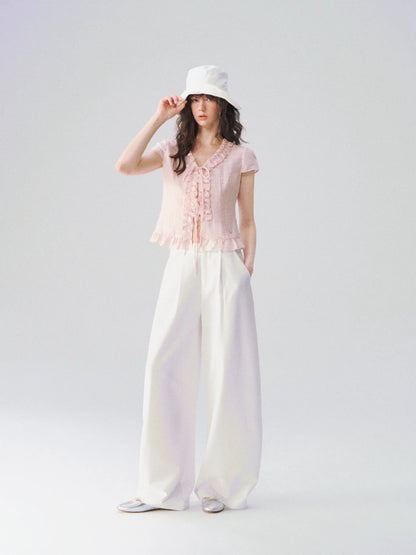 Soft Ruffle Trim V-Neck Cropped Blouse