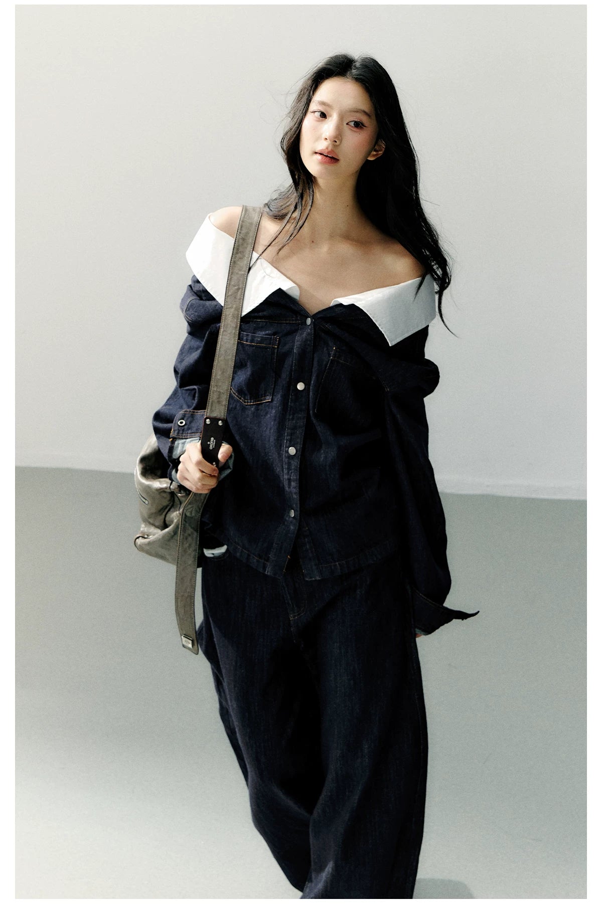 Off-Shoulder Denim Long Sleeve Shirt