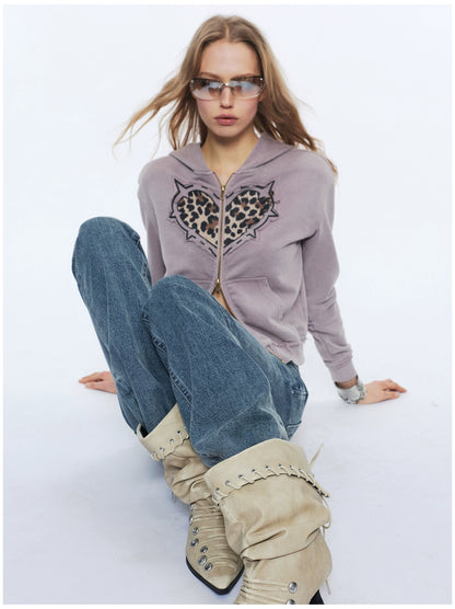 Love Leopard Print Embroidered Zip Hoodie