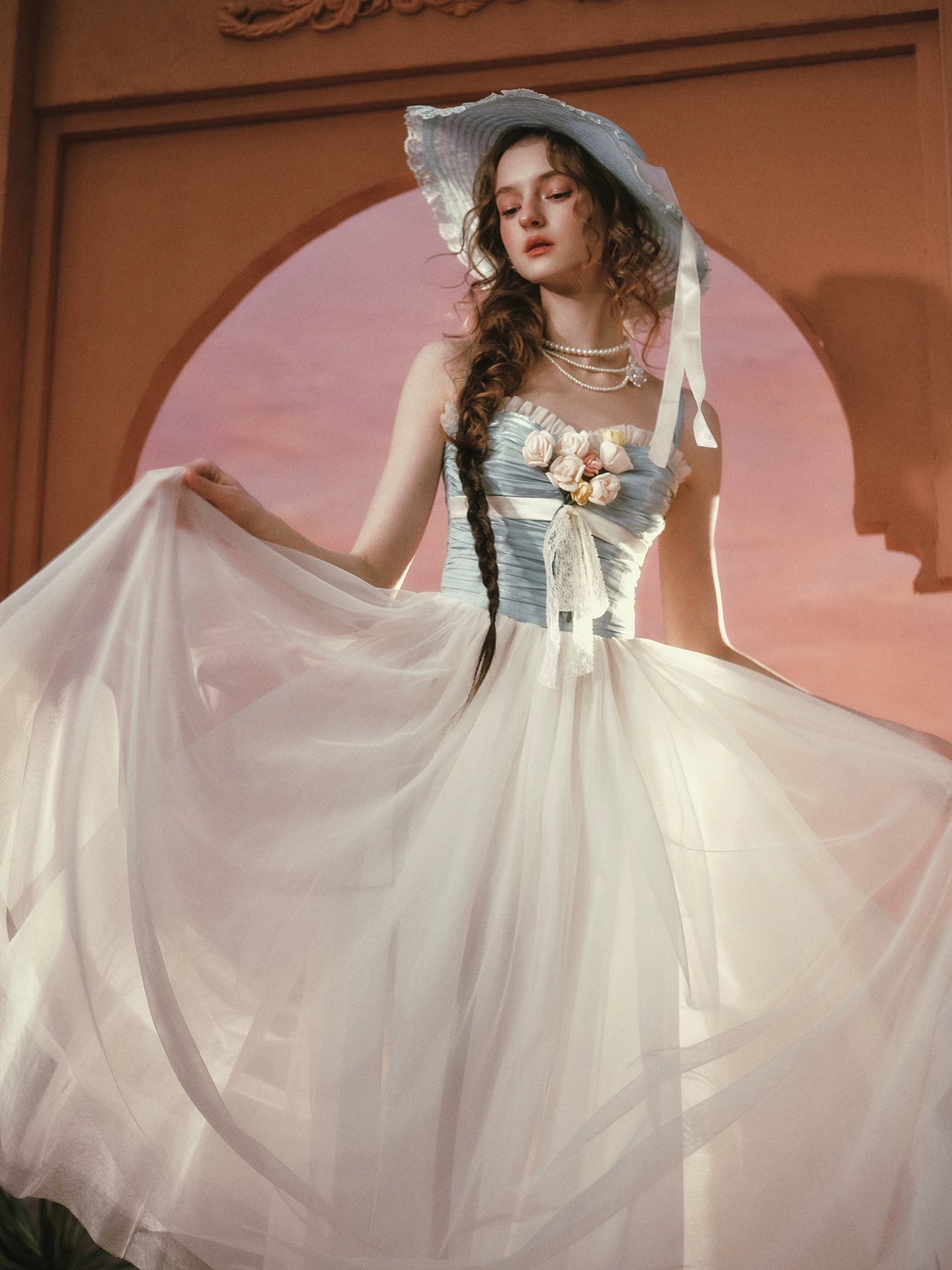 Sunset Bouquet Satin Tulle Maxi Dress