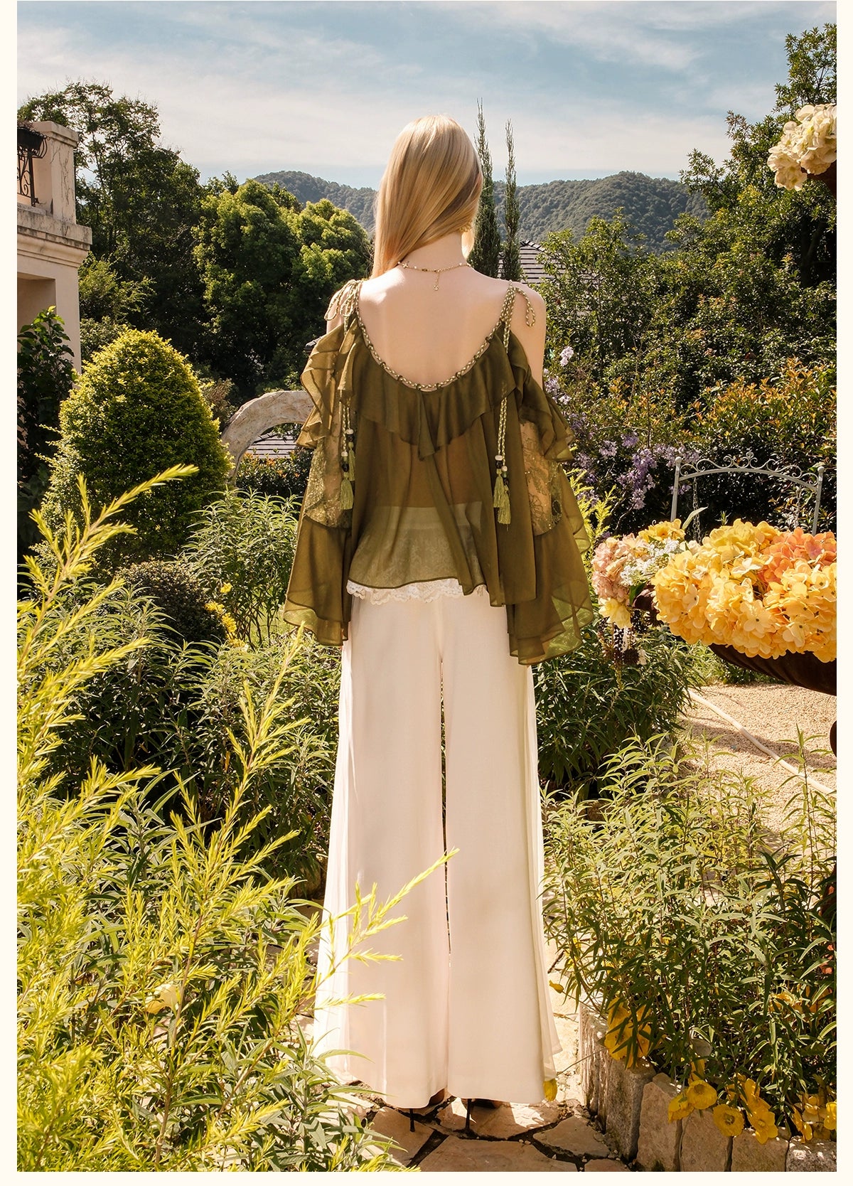 Flowy Chiffon Ruffle Rope Blouse