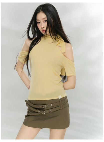 Off-Shoulder Patchwork Knit Cropped T-Shirt