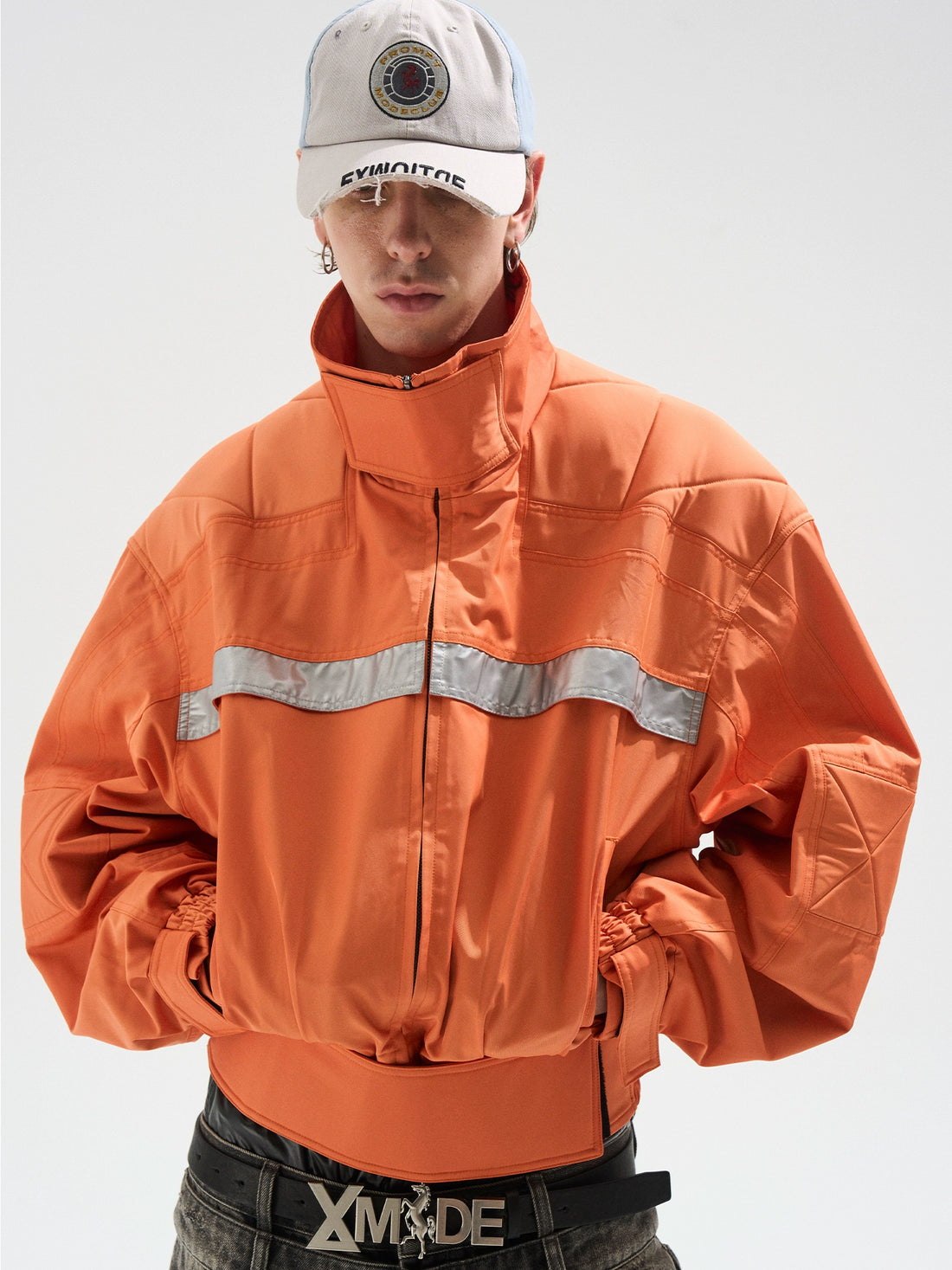 Reflective Trim Stand-Collar Oversized Jacket