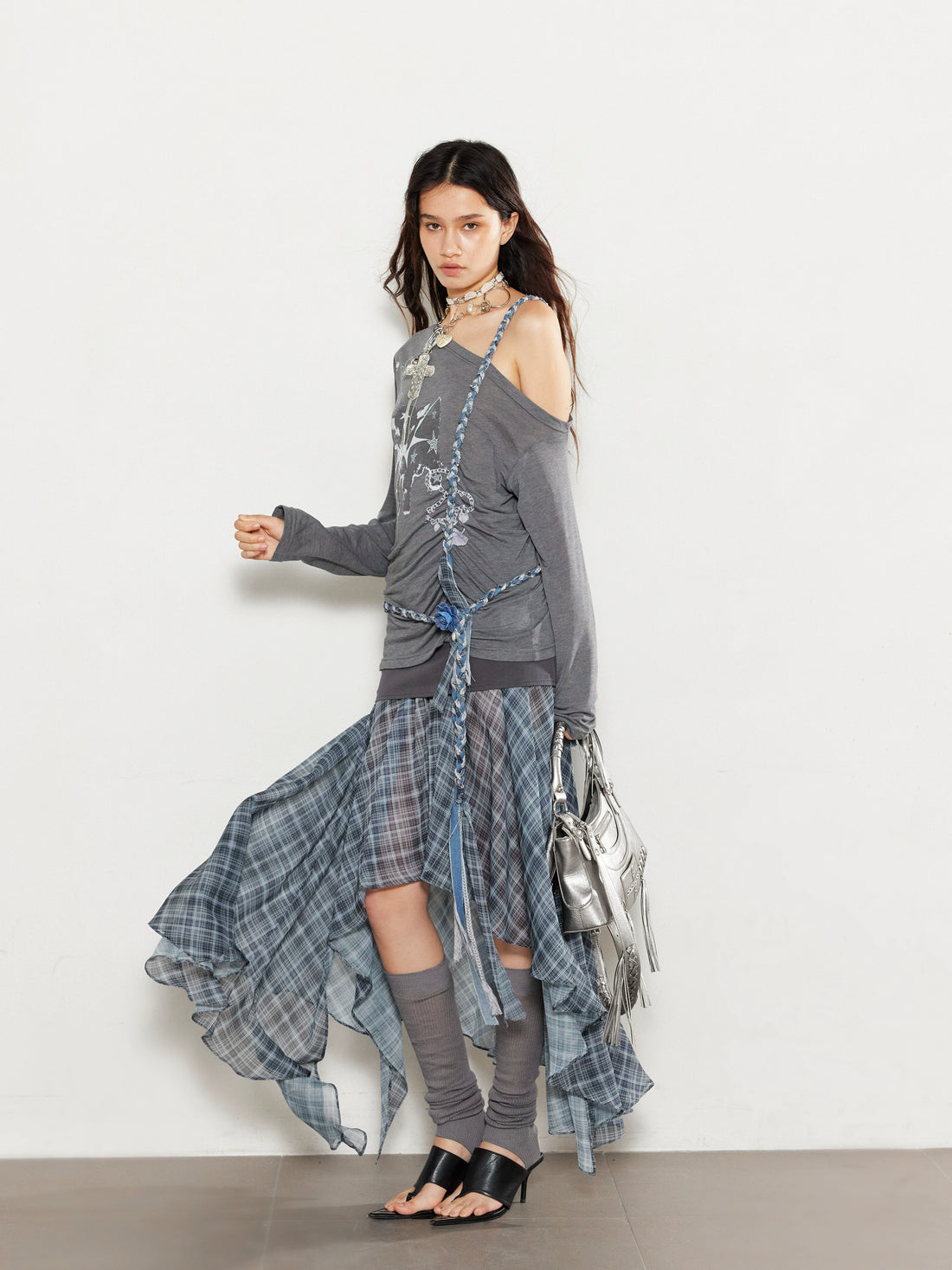 Checkered Mesh Spliced Midi Skirt