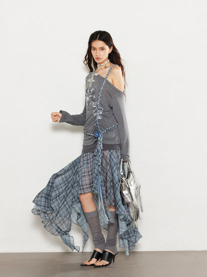 Checkered Mesh Spliced Midi Skirt