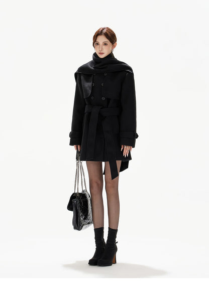 Belted Collar Mid-Length Wool-Feel Jacket