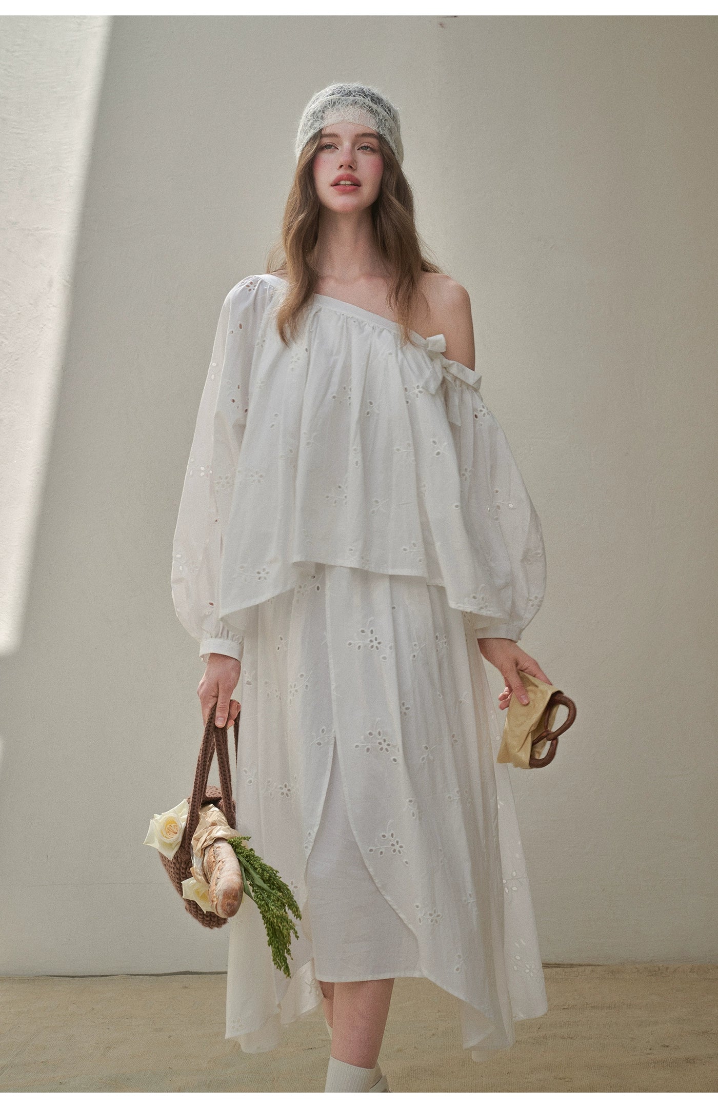 “Good Weather” Embroidered Cotton Blouse &amp; Skirt Set