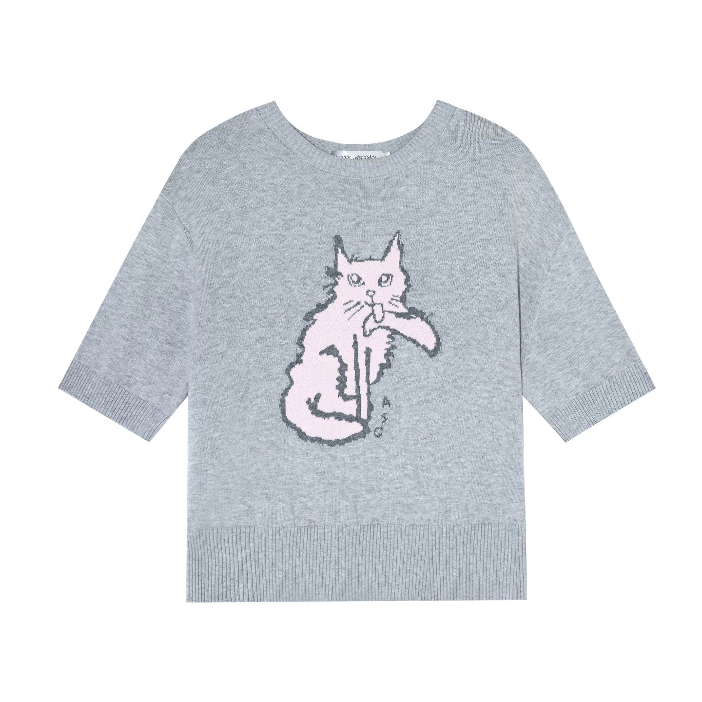 Jacquard Cat Motif Short Sleeve Knit Top