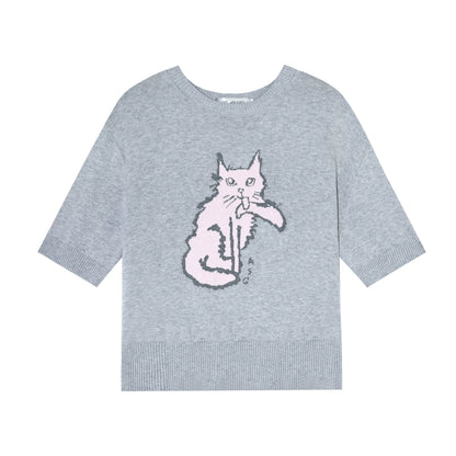 Jacquard Cat Motif Short Sleeve Knit Top