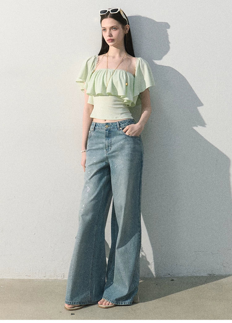 Mint Dream Shimmer Off-Shoulder T-Shirt