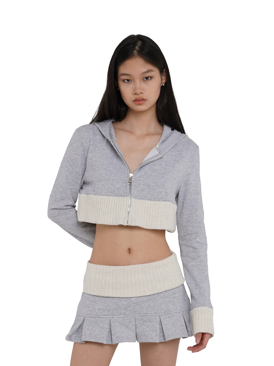 Gray Patchwork Cropped Hoodie