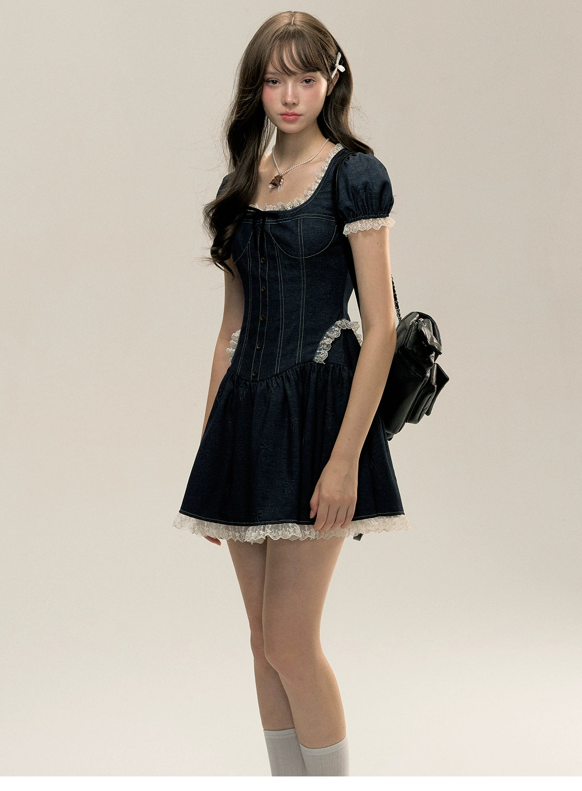 Square Neckline Short-sleeve Denim Dress