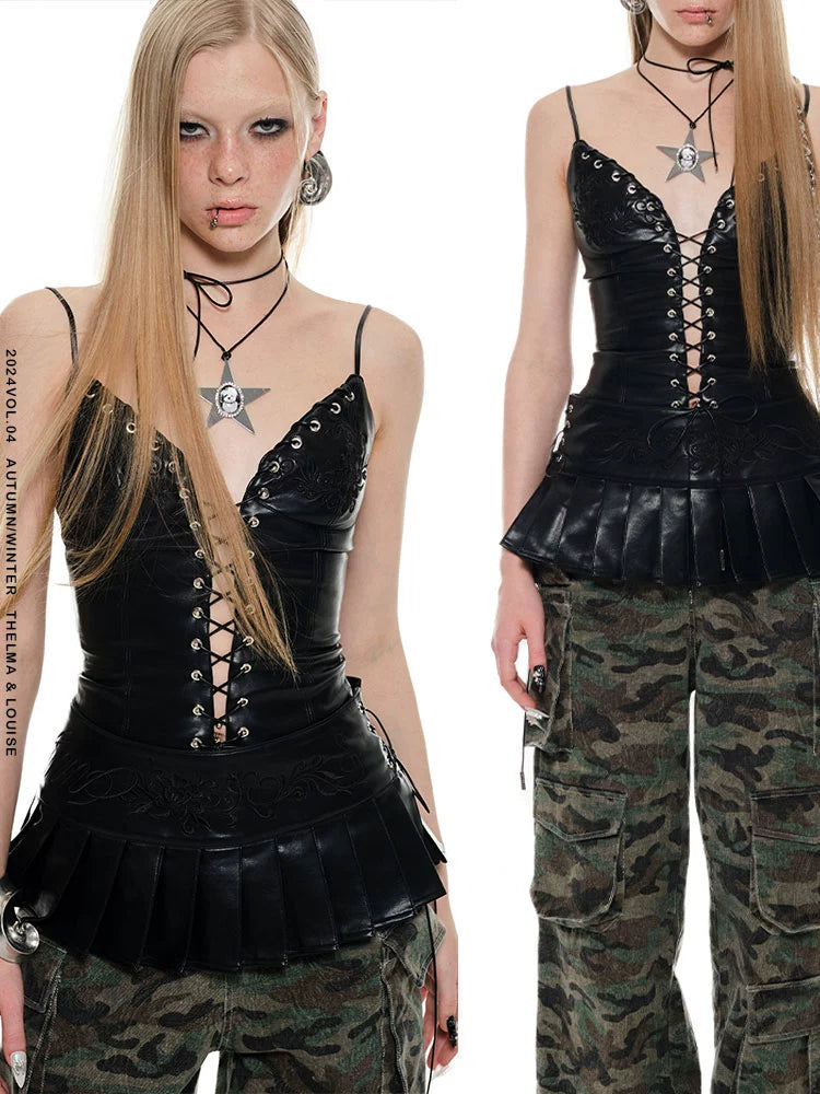 Short Leather Pleated Panel Corset Belt