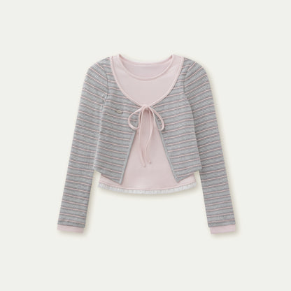 Striped &amp; Floral Design Layered Contrast Blouse