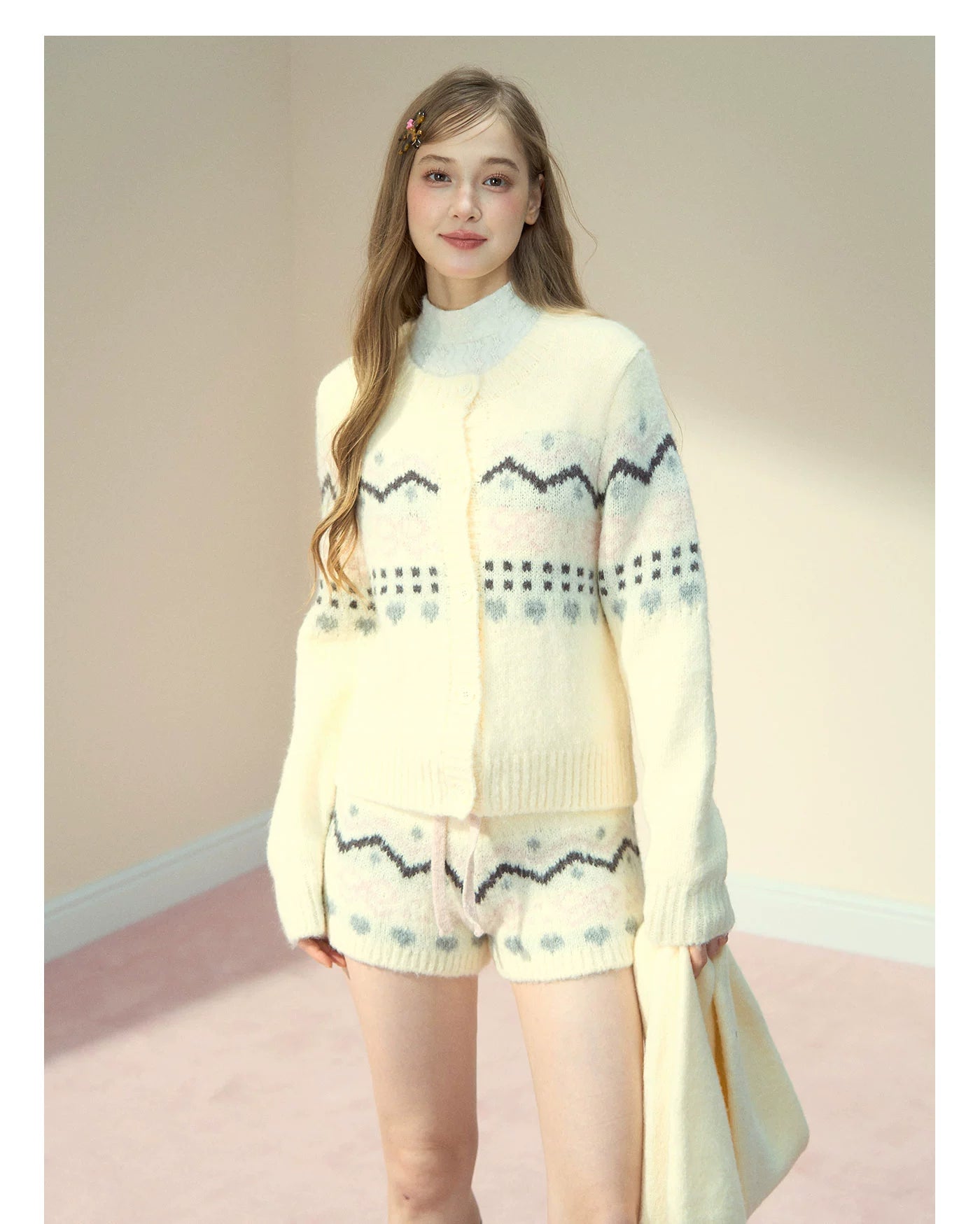 Fair Isle Knit Cardigan &amp; Shorts &amp; Scarf
