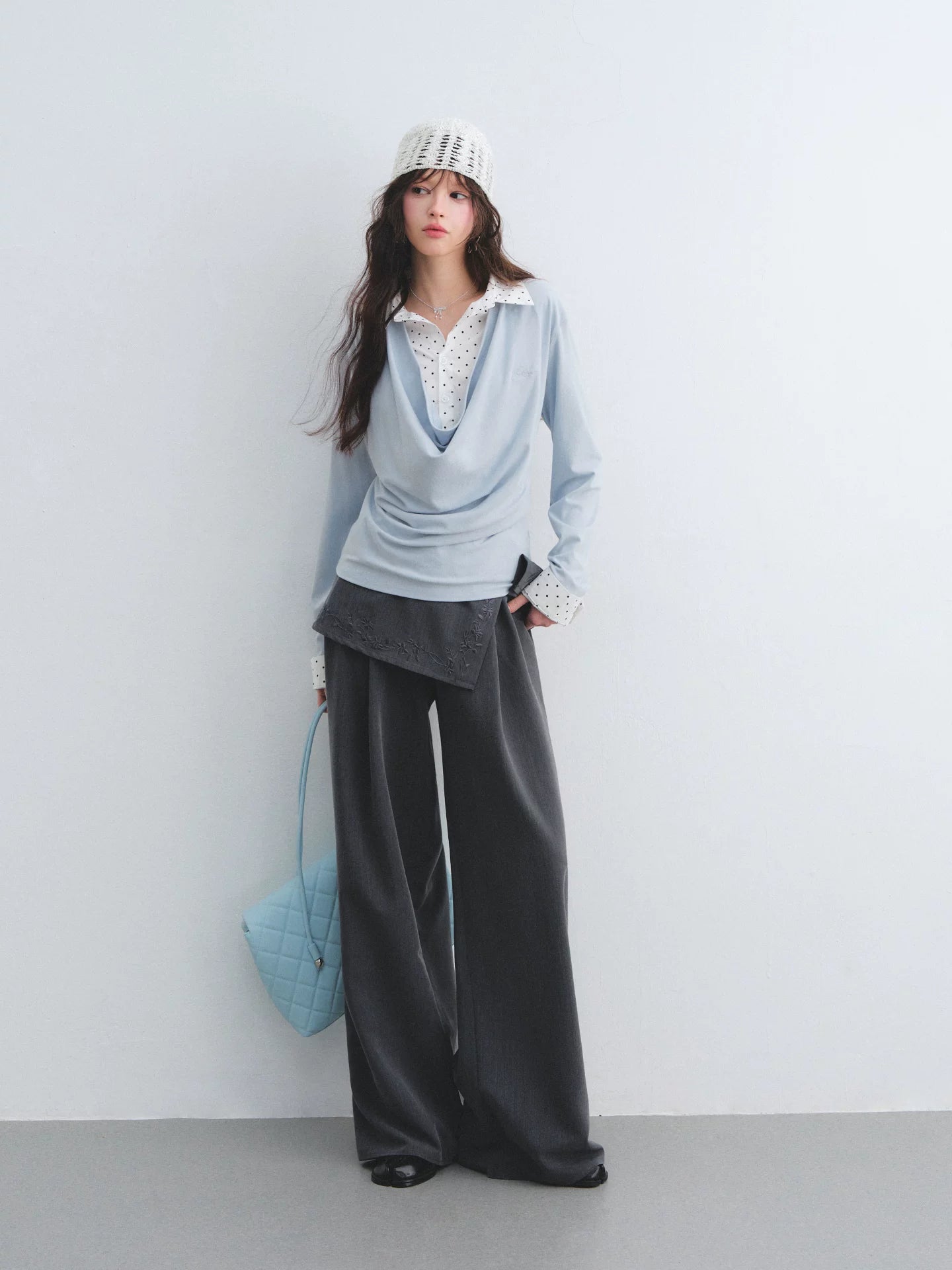 Embroidered Panel Wide-Leg Tailored Trousers