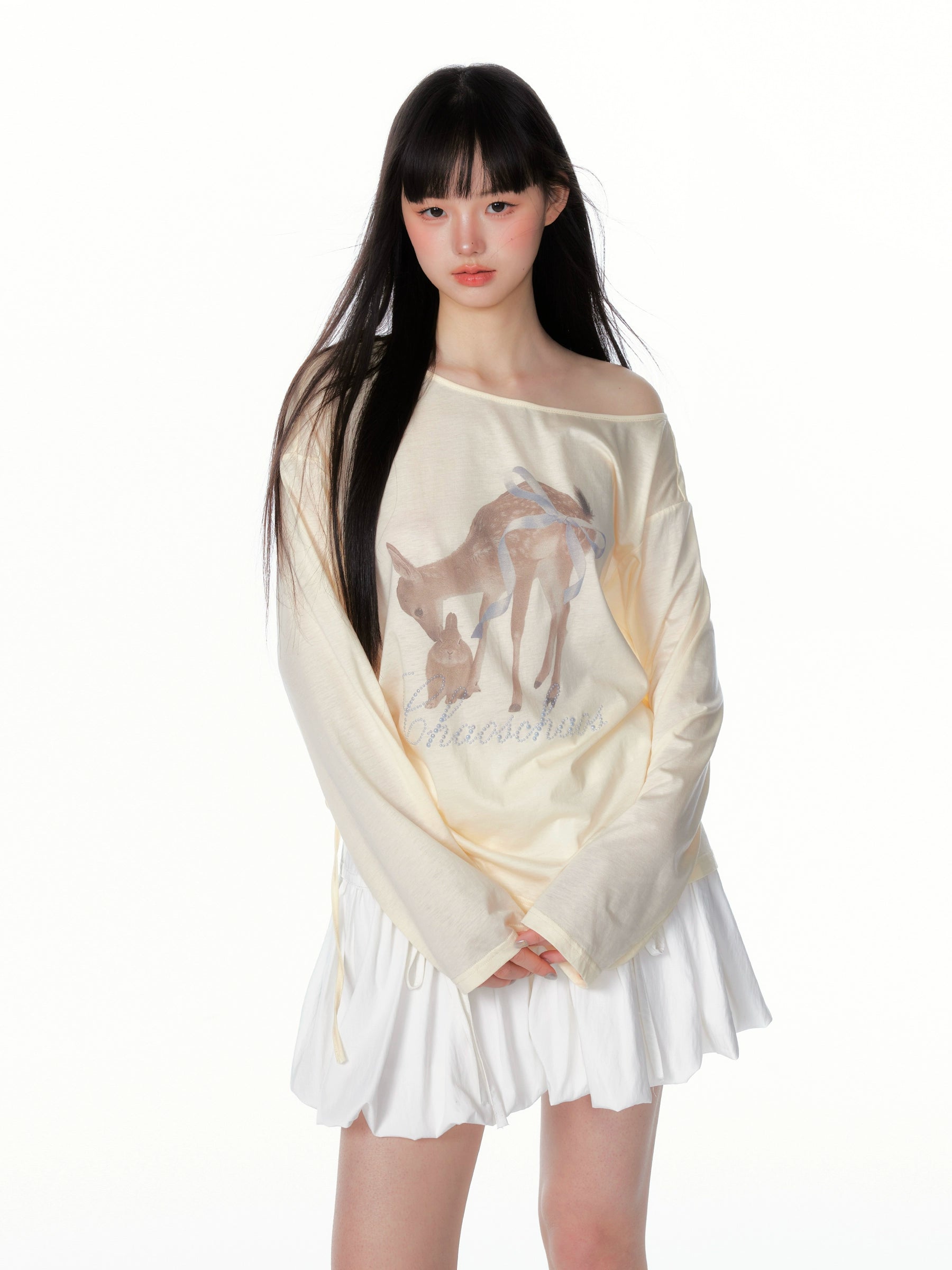 Asymmetric Deer Print Crystal-Embellished T-Shirt