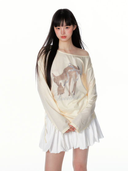 Asymmetric Deer Print Crystal-Embellished T-Shirt