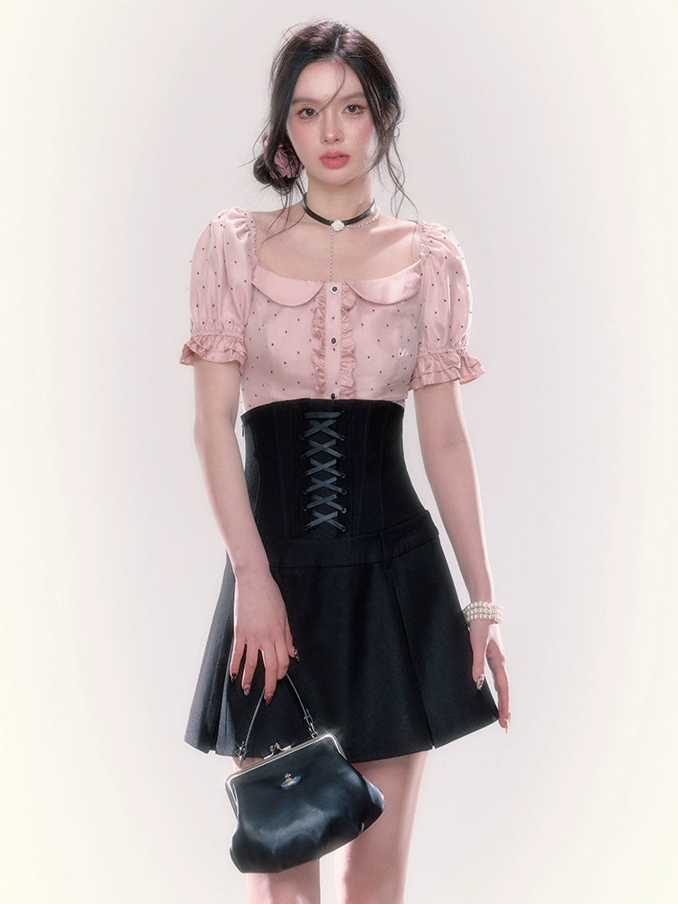 Polka Dot Puff Sleeve Blouse &amp; High-Waisted Skirt Set - CHINASQUAD