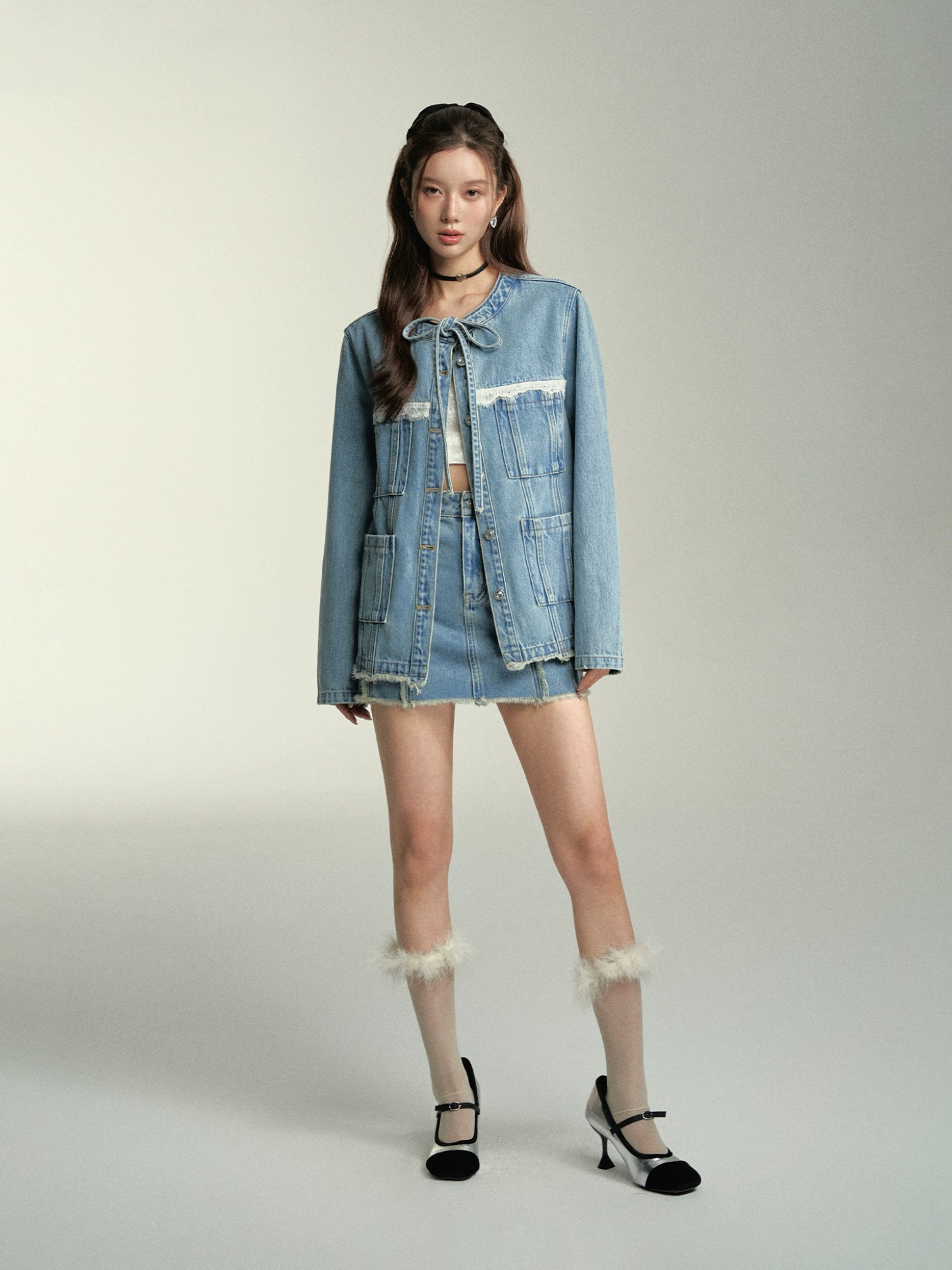 Lace Spliced Denim Jacket &amp; Mini Skirt Set - CHINASQUAD