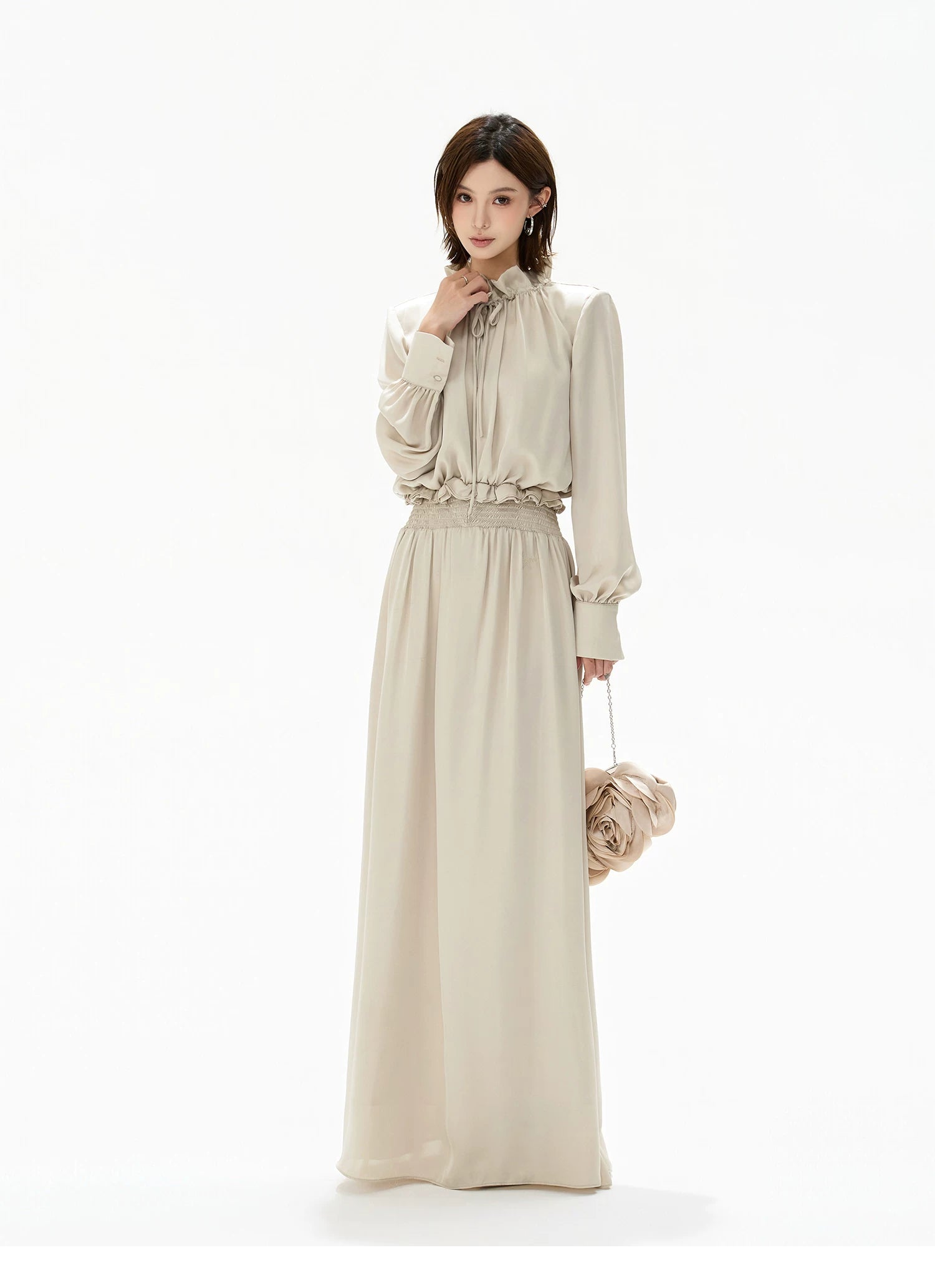 Elegant Ruffled Collar Satin Maxi Dress