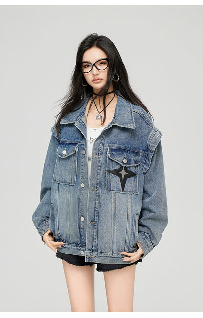 Washed Turn-down Collar Denim Jacket - CHINASQUAD