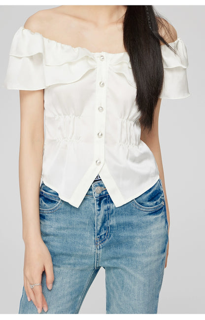 White Ruffled Square Shoulder Shirt - CHINASQUAD