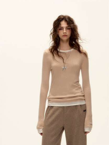 Layered-Effect Crew Neck Fitted Knit T-Shirt