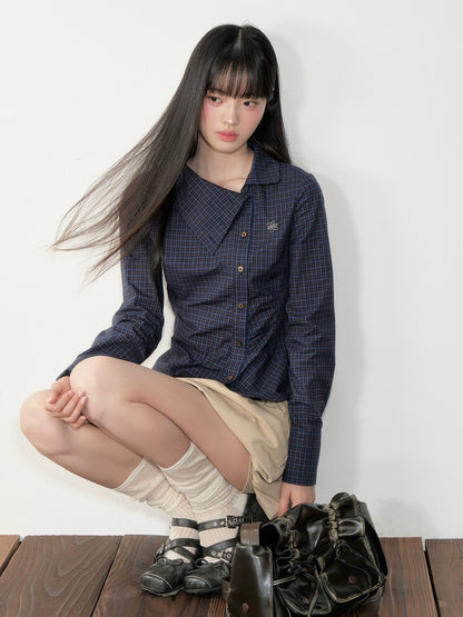 Navy Blue Asymmetric Collar Checked Shirt