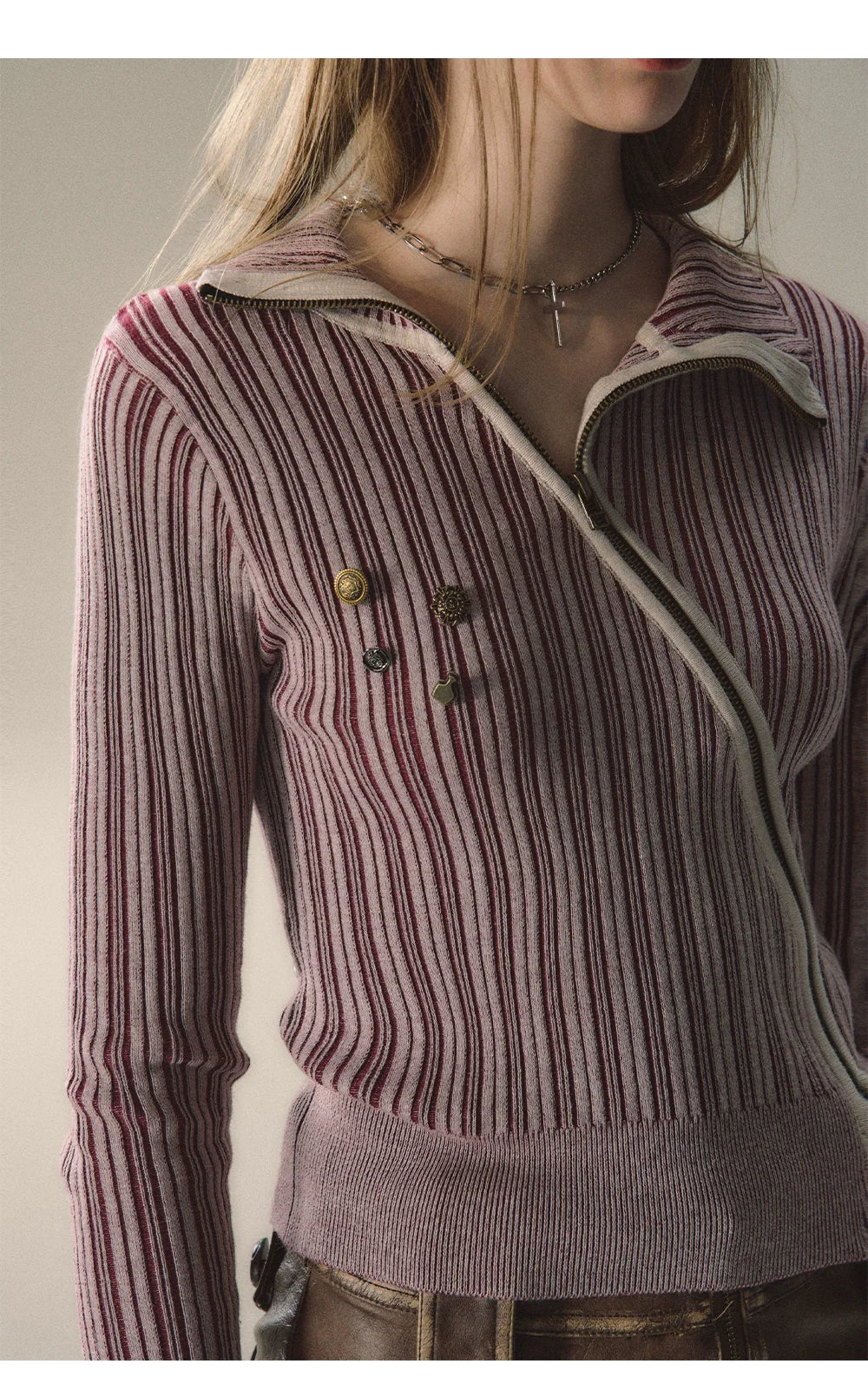 (Final Sale) Mocha &amp; Red Zipper Striped Knit Blouse - CHINASQUAD