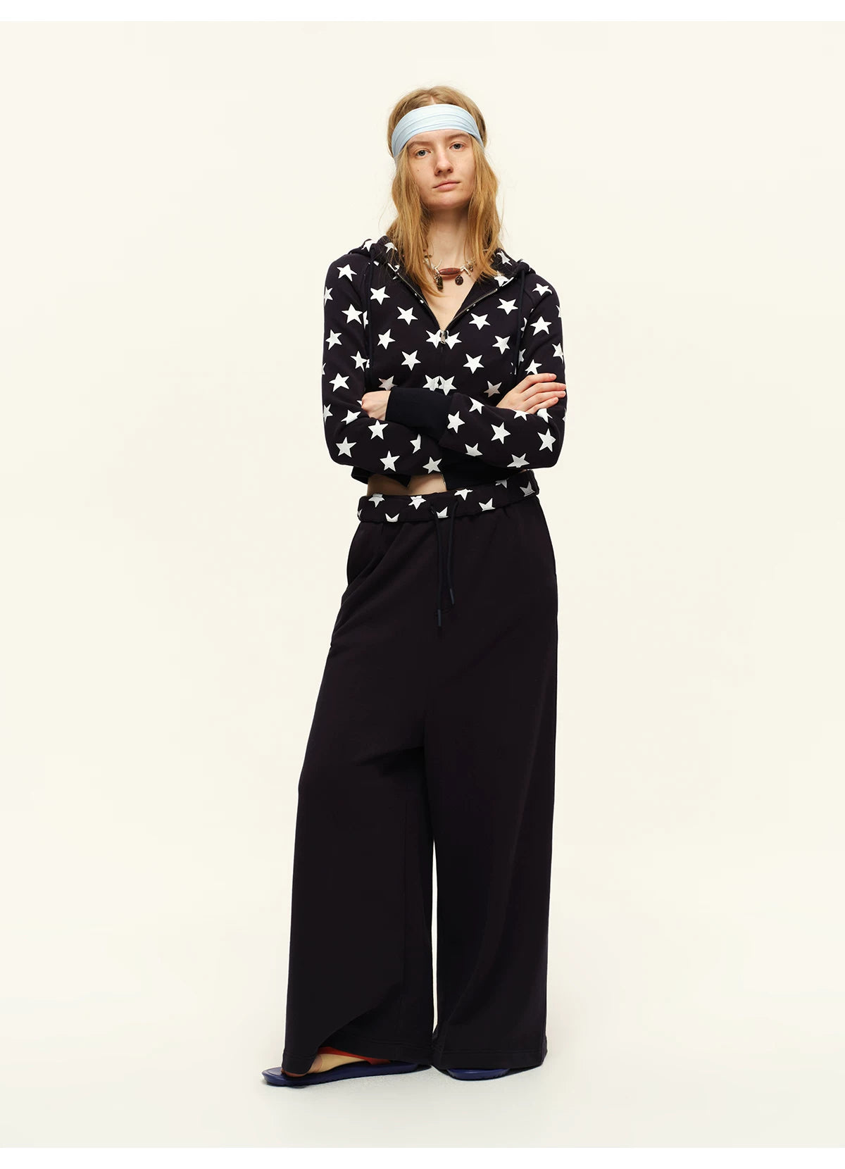 Double-Zip Star Print Cotton Hooded Jacket