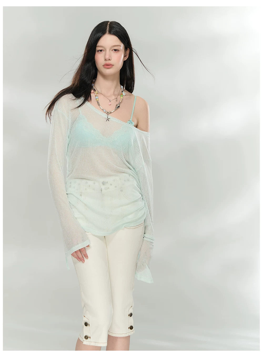 Sheer Textured Knit Open-Back Cover-Up Top