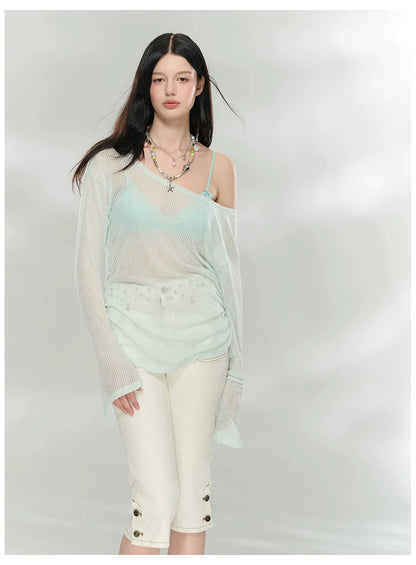 Sheer Textured Knit Open-Back Cover-Up Top